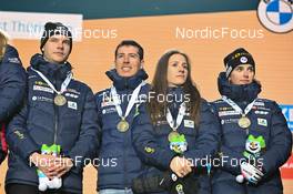 08.02.2023, Oberhof, Germany (GER): Emilien Jacquelin (FRA), Quentin Fillon Maillet (FRA), Anais Chevalier-Bouchet (FRA), Julia Simon (FRA), (l-r) - IBU World Championships Biathlon, medals, Oberhof (GER). www.nordicfocus.com. © Reichert/NordicFocus. Every downloaded picture is fee-liable.