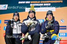 12.02.2023, Oberhof, Germany (GER): Sturla Holm Laegreid (NOR), Johannes Thingnes Boe (NOR), Sebastian Samuelsson (SWE), (l-r) - IBU World Championships Biathlon, medals, Oberhof (GER). www.nordicfocus.com. © Reichert/NordicFocus. Every downloaded picture is fee-liable.