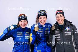 15.02.2023, Oberhof, Germany (GER): Linn Persson (SWE), Hanna Oeberg (SWE), Lisa Vittozzi (ITA), (l-r) - IBU World Championships Biathlon, medals, Oberhof (GER). www.nordicfocus.com. © Manzoni/NordicFocus. Every downloaded picture is fee-liable.