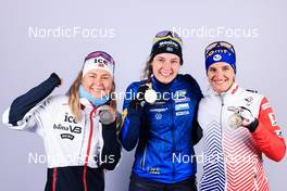19.02.2023, Oberhof, Germany (GER): Ingrid Landmark Tandrevold (NOR), Hanna Oeberg (SWE), Julia Simon (FRA), (l-r) - IBU World Championships Biathlon, medals, Oberhof (GER). www.nordicfocus.com. © Manzoni/NordicFocus. Every downloaded picture is fee-liable.