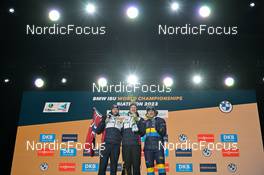 15.02.2023, Oberhof, Germany (GER): Sturla Holm Laegreid (NOR), Johannes Thingnes Boe (NOR), Sebastian Samuelsson (SWE), (l-r) - IBU World Championships Biathlon, medals, Oberhof (GER). www.nordicfocus.com. © Reichert/NordicFocus. Every downloaded picture is fee-liable.