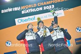 08.02.2023, Oberhof, Germany (GER): Tarjei Boe (NOR), Johannes Thingnes Boe (NOR), Sturla Holm Laegreid (NOR), (l-r) - IBU World Championships Biathlon, medals, Oberhof (GER). www.nordicfocus.com. © Reichert/NordicFocus. Every downloaded picture is fee-liable.
