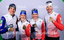 08.02.2023, Oberhof, Germany (GER): Quentin Fillon Maillet (FRA), Anais Chevalier-Bouchet (FRA), Julia Simon (FRA), Emilien Jacquelin (FRA), (l-r) - IBU World Championships Biathlon, medals, Oberhof (GER). www.nordicfocus.com. © Manzoni/NordicFocus. Every downloaded picture is fee-liable.