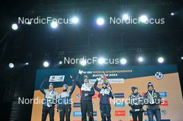 16.02.2023, Oberhof, Germany (GER): David Komatz (AUT), Lisa Theresa Hauser (AUT), Johannes Thingnes Boe (NOR), Marte Olsbu Roeiseland (NOR), Lisa Vittozzi (ITA), Tommaso Giacomel (ITA), (l-r) - IBU World Championships Biathlon, medals, Oberhof (GER). www.nordicfocus.com. © Reichert/NordicFocus. Every downloaded picture is fee-liable.