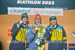 08.02.2023, Oberhof, Germany (GER): Hanna Oeberg (SWE), Denise Herrmann-Wick (GER), Linn Persson (SWE), (l-r) - IBU World Championships Biathlon, medals, Oberhof (GER). www.nordicfocus.com. © Reichert/NordicFocus. Every downloaded picture is fee-liable.
