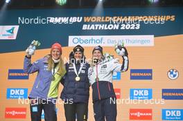 12.02.2023, Oberhof, Germany (GER): Denise Herrmann-Wick (GER), Julia Simon (FRA), Marte Olsbu Roeiseland (NOR), (l-r) - IBU World Championships Biathlon, medals, Oberhof (GER). www.nordicfocus.com. © Reichert/NordicFocus. Every downloaded picture is fee-liable.