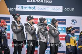 19.02.2023, Oberhof, Germany (GER): Lisa Vittozzi (ITA), Hannah Auchentaller (ITA), Dorothea Wierer (ITA), Samuela Comola (ITA), (l-r) - IBU World Championships Biathlon, medals, Oberhof (GER). www.nordicfocus.com. © Reichert/NordicFocus. Every downloaded picture is fee-liable.