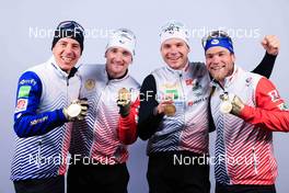 18.02.2023, Oberhof, Germany (GER): Quentin Fillon Maillet (FRA), Fabien Claude (FRA), Emilien Jacquelin (FRA), Antonin Guigonnat (FRA), (l-r) - IBU World Championships Biathlon, medals, Oberhof (GER). www.nordicfocus.com. © Manzoni/NordicFocus. Every downloaded picture is fee-liable.