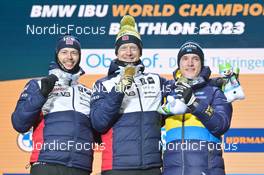 12.02.2023, Oberhof, Germany (GER): Sturla Holm Laegreid (NOR), Johannes Thingnes Boe (NOR), Sebastian Samuelsson (SWE), (l-r) - IBU World Championships Biathlon, medals, Oberhof (GER). www.nordicfocus.com. © Reichert/NordicFocus. Every downloaded picture is fee-liable.