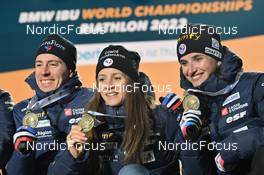 08.02.2023, Oberhof, Germany (GER): Quentin Fillon Maillet (FRA), Anais Chevalier-Bouchet (FRA), Julia Simon (FRA), (l-r) - IBU World Championships Biathlon, medals, Oberhof (GER). www.nordicfocus.com. © Reichert/NordicFocus. Every downloaded picture is fee-liable.