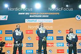 08.02.2023, Oberhof, Germany (GER): Tarjei Boe (NOR), Johannes Thingnes Boe (NOR), Sturla Holm Laegreid (NOR), (l-r) - IBU World Championships Biathlon, medals, Oberhof (GER). www.nordicfocus.com. © Reichert/NordicFocus. Every downloaded picture is fee-liable.
