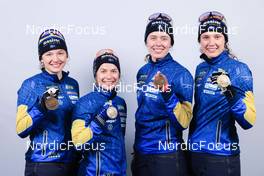 18.02.2023, Oberhof, Germany (GER): Linn Persson (SWE), Anna Magnusson (SWE), Elvira Oeberg (SWE), Hanna Oeberg (SWE), (l-r) - IBU World Championships Biathlon, medals, Oberhof (GER). www.nordicfocus.com. © Manzoni/NordicFocus. Every downloaded picture is fee-liable.