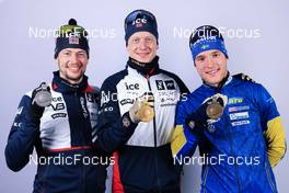 15.02.2023, Oberhof, Germany (GER): Sturla Holm Laegreid (NOR), Johannes Thingnes Boe (NOR), Sebastian Samuelsson (SWE), (l-r) - IBU World Championships Biathlon, medals, Oberhof (GER). www.nordicfocus.com. © Manzoni/NordicFocus. Every downloaded picture is fee-liable.