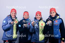 18.02.2023, Oberhof, Germany (GER): Denise Herrmann-Wick (GER), Sophia Schneider (GER), Hanna Kebinger (GER), Vanessa Voigt (GER), (l-r) - IBU World Championships Biathlon, medals, Oberhof (GER). www.nordicfocus.com. © Manzoni/NordicFocus. Every downloaded picture is fee-liable.