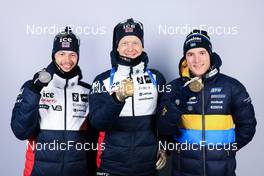 12.02.2023, Oberhof, Germany (GER): Sturla Holm Laegreid (NOR), Johannes Thingnes Boe (NOR), Sebastian Samuelsson (SWE), (l-r) - IBU World Championships Biathlon, medals, Oberhof (GER). www.nordicfocus.com. © Manzoni/NordicFocus. Every downloaded picture is fee-liable.