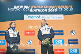 08.02.2023, Oberhof, Germany (GER): Tarjei Boe (NOR), Johannes Thingnes Boe (NOR), (l-r) - IBU World Championships Biathlon, medals, Oberhof (GER). www.nordicfocus.com. © Reichert/NordicFocus. Every downloaded picture is fee-liable.