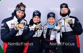 08.02.2023, Oberhof, Germany (GER): Sturla Holm Laegreid (NOR), Marte Olsbu Roeiseland (NOR), Ingrid Landmark Tandrevold (NOR), Johannes Thingnes Boe (NOR), (l-r) - IBU World Championships Biathlon, medals, Oberhof (GER). www.nordicfocus.com. © Manzoni/NordicFocus. Every downloaded picture is fee-liable.