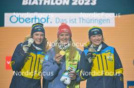 08.02.2023, Oberhof, Germany (GER): Hanna Oeberg (SWE), Denise Herrmann-Wick (GER), Linn Persson (SWE), (l-r) - IBU World Championships Biathlon, medals, Oberhof (GER). www.nordicfocus.com. © Reichert/NordicFocus. Every downloaded picture is fee-liable.