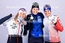 19.02.2023, Oberhof, Germany (GER): Ingrid Landmark Tandrevold (NOR), Hanna Oeberg (SWE), Julia Simon (FRA), (l-r) - IBU World Championships Biathlon, medals, Oberhof (GER). www.nordicfocus.com. © Manzoni/NordicFocus. Every downloaded picture is fee-liable.