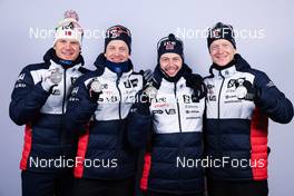 18.02.2023, Oberhof, Germany (GER): Vetle Sjaastad Christiansen (NOR), Tarjei Boe (NOR), Sturla Holm Laegreid (NOR), Johannes Thingnes Boe (NOR), (l-r) - IBU World Championships Biathlon, medals, Oberhof (GER). www.nordicfocus.com. © Manzoni/NordicFocus. Every downloaded picture is fee-liable.