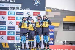 19.02.2023, Oberhof, Germany (GER): Linn Persson (SWE), Anna Magnusson (SWE), Elvira Oeberg (SWE), Hanna Oeberg (SWE), (l-r) - IBU World Championships Biathlon, medals, Oberhof (GER). www.nordicfocus.com. © Reichert/NordicFocus. Every downloaded picture is fee-liable.