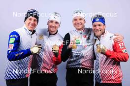 18.02.2023, Oberhof, Germany (GER): Quentin Fillon Maillet (FRA), Fabien Claude (FRA), Emilien Jacquelin (FRA), Antonin Guigonnat (FRA), (l-r) - IBU World Championships Biathlon, medals, Oberhof (GER). www.nordicfocus.com. © Manzoni/NordicFocus. Every downloaded picture is fee-liable.