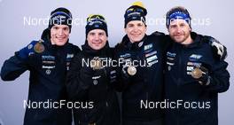 18.02.2023, Oberhof, Germany (GER): Sebastian Samuelsson (SWE), Jesper Nelin (SWE), Martin Ponsiluoma (SWE), Peppe Femling (SWE), (l-r) - IBU World Championships Biathlon, medals, Oberhof (GER). www.nordicfocus.com. © Manzoni/NordicFocus. Every downloaded picture is fee-liable.