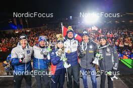 16.02.2023, Oberhof, Germany (GER): David Komatz (AUT), Lisa Theresa Hauser (AUT), Marte Olsbu Roeiseland (NOR), Johannes Thingnes Boe (NOR), Tommaso Giacomel (ITA), Lisa Vittozzi (ITA), (l-r) - IBU World Championships Biathlon, medals, Oberhof (GER). www.nordicfocus.com. © Manzoni/NordicFocus. Every downloaded picture is fee-liable.