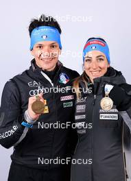 16.02.2023, Oberhof, Germany (GER): Tommaso Giacomel (ITA), Lisa Vittozzi (ITA), (l-r) - IBU World Championships Biathlon, medals, Oberhof (GER). www.nordicfocus.com. © Manzoni/NordicFocus. Every downloaded picture is fee-liable.