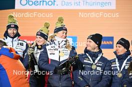 08.02.2023, Oberhof, Germany (GER): Sturla Holm Laegreid (NOR), Marte Olsbu Roeiseland (NOR), Ingrid Landmark Tandrevold (NOR), Emilien Jacquelin (FRA), Quentin Fillon Maillet (FRA), (l-r) - IBU World Championships Biathlon, medals, Oberhof (GER). www.nordicfocus.com. © Reichert/NordicFocus. Every downloaded picture is fee-liable.