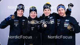 18.02.2023, Oberhof, Germany (GER): Sebastian Samuelsson (SWE), Jesper Nelin (SWE), Martin Ponsiluoma (SWE), Peppe Femling (SWE), (l-r) - IBU World Championships Biathlon, medals, Oberhof (GER). www.nordicfocus.com. © Manzoni/NordicFocus. Every downloaded picture is fee-liable.