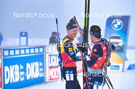 12.02.2023, Oberhof, Germany (GER): Johannes Thingnes Boe (NOR), Sturla Holm Laegreid (NOR), (l-r) - IBU World Championships Biathlon, pursuit men, Oberhof (GER). www.nordicfocus.com. © Reichert/NordicFocus. Every downloaded picture is fee-liable.