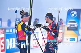 12.02.2023, Oberhof, Germany (GER): Johannes Thingnes Boe (NOR), Sturla Holm Laegreid (NOR), (l-r) - IBU World Championships Biathlon, pursuit men, Oberhof (GER). www.nordicfocus.com. © Reichert/NordicFocus. Every downloaded picture is fee-liable.