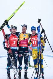 12.02.2023, Oberhof, Germany (GER): Sturla Holm Laegreid (NOR), Johannes Thingnes Boe (NOR), Sebastian Samuelsson (SWE), (l-r) - IBU World Championships Biathlon, pursuit men, Oberhof (GER). www.nordicfocus.com. © Manzoni/NordicFocus. Every downloaded picture is fee-liable.
