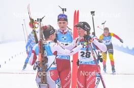 12.02.2023, Oberhof, Germany (GER): Elisa Gasparin (SUI), Amy Baserga (SUI), Lena Haecki-Gross (SUI), (l-r) - IBU World Championships Biathlon, pursuit women, Oberhof (GER). www.nordicfocus.com. © Reichert/NordicFocus. Every downloaded picture is fee-liable.