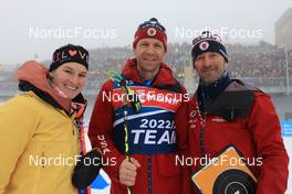 12.02.2023, Oberhof, Germany (GER): Clare Egan (USA), Lowell Bailey (USA), Armin Auchentaller (ITA), Coach Team USA, (l-r) - IBU World Championships Biathlon, pursuit women, Oberhof (GER). www.nordicfocus.com. © Manzoni/NordicFocus. Every downloaded picture is fee-liable.