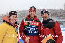12.02.2023, Oberhof, Germany (GER): Claire Egan (USA), Lowell Bailey (USA), Armin Auchentaller (ITA), Coach Team USA, (l-r) - IBU World Championships Biathlon, pursuit women, Oberhof (GER). www.nordicfocus.com. © Manzoni/NordicFocus. Every downloaded picture is fee-liable.