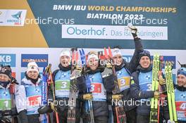 18.02.2023, Oberhof, Germany (GER): Vetle Sjaastad Christiansen (NOR), Fabien Claude (FRA), Antonin Guigonnat (FRA), Emilien Jacquelin (FRA), Quentin Fillon Maillet (FRA) - IBU World Championships Biathlon, relay men, Oberhof (GER). www.nordicfocus.com. © Reichert/NordicFocus. Every downloaded picture is fee-liable.
