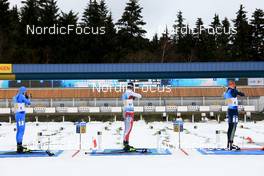 18.02.2023, Oberhof, Germany (GER): Elia Zeni (ITA), Niklas Hartweg (SUI), Roman Rees (GER), (l-r) - IBU World Championships Biathlon, relay men, Oberhof (GER). www.nordicfocus.com. © Manzoni/NordicFocus. Every downloaded picture is fee-liable.