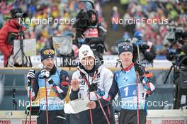 18.02.2023, Oberhof, Germany (GER): Sturla Holm Laegreid (NOR), Siegfried Mazet (FRA), coach team Norway, Johannes Thingnes Boe (NOR), (l-r) - IBU World Championships Biathlon, relay men, Oberhof (GER). www.nordicfocus.com. © Reichert/NordicFocus. Every downloaded picture is fee-liable.