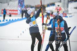 18.02.2023, Oberhof, Germany (GER): Fabien Claude (FRA), Quentin Fillon Maillet (FRA), Antonin Guigonnat (FRA), (l-r) - IBU World Championships Biathlon, relay men, Oberhof (GER). www.nordicfocus.com. © Reichert/NordicFocus. Every downloaded picture is fee-liable.