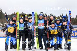18.02.2023, Oberhof, Germany (GER): Martin Ponsiluoma (SWE), Jesper Nelin (SWE), Peppe Femling (SWE), (l-r) - IBU World Championships Biathlon, relay men, Oberhof (GER). www.nordicfocus.com. © Manzoni/NordicFocus. Every downloaded picture is fee-liable.