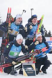 18.02.2023, Oberhof, Germany (GER): Emilien Jacquelin (FRA), Fabien Claude (FRA), Quentin Fillon Maillet (FRA), Antonin Guigonnat (FRA), (l-r) - IBU World Championships Biathlon, relay men, Oberhof (GER). www.nordicfocus.com. © Manzoni/NordicFocus. Every downloaded picture is fee-liable.