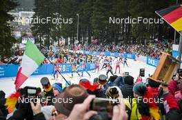 18.02.2023, Oberhof, Germany (GER): Lou Jeanmonnot (FRA), Linn Persson (SWE), Samuela Comola (ITA), Dunja Zdouc (AUT), Karoline Offigstad Knotten (NOR), Regina Ermits (EST), Vanessa Voigt (GER), Amy Baserga (SUI), Suvi Minkkinen (FIN), (l-r) - IBU World Championships Biathlon, relay women, Oberhof (GER). www.nordicfocus.com. © Reichert/NordicFocus. Every downloaded picture is fee-liable.
