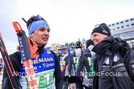 16.02.2023, Oberhof, Germany (GER): Tommaso Giacomel (ITA), Jonne Kahkonen (FIN), coach Team Italy, (l-r) - IBU World Championships Biathlon, single mixed relay, Oberhof (GER). www.nordicfocus.com. © Manzoni/NordicFocus. Every downloaded picture is fee-liable.