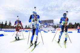 16.02.2023, Oberhof, Germany (GER): Andrejs Rastorgujevs (LAT), George Buta (ROU), Dmytro Pidruchnyi (UKR), (l-r) - IBU World Championships Biathlon, single mixed relay, Oberhof (GER). www.nordicfocus.com. © Manzoni/NordicFocus. Every downloaded picture is fee-liable.