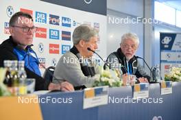 19.02.2023, Oberhof, Germany (GER): Dr. Hartmut Schubert (GER), Chairman Thuringia Wintersportcentre, Helmut Holter (GER), minister for Education, Youth and Sport, Dr. Franz Steinle (GER), president German Ski Federation, (l-r) - IBU World Championships Biathlon, Press conference, Oberhof (GER). www.nordicfocus.com. © Reichert/NordicFocus. Every downloaded picture is fee-liable.