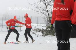 17.02.2023, Oberhof, Germany (GER): Christian Gow (CAN) and Adam Runnalls (CAN) are fencing - IBU World Championships Biathlon, training, Oberhof (GER). www.nordicfocus.com. © Manzoni/NordicFocus. Every downloaded picture is fee-liable.