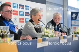 19.02.2023, Oberhof, Germany (GER): Dr. Hartmut Schubert (GER), Chairman Thuringia Wintersportcentre, Helmut Holter (GER), minister for Education, Youth and Sport, Dr. Franz Steinle (GER), president German Ski Federation, (l-r) - IBU World Championships Biathlon, Press conference, Oberhof (GER). www.nordicfocus.com. © Reichert/NordicFocus. Every downloaded picture is fee-liable.