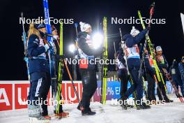 25.11.2023, Oestersund, Sweden, (SWE): Ingrid Landmark Tandrevold (NOR), Johannes Thingnes Boe (NOR), Tarjei Boe (NOR), (l-r) - IBU World Cup Biathlon, mixed relay, Oestersund (SWE). www.nordicfocus.com. © Manzoni/NordicFocus. Every downloaded picture is fee-liable.